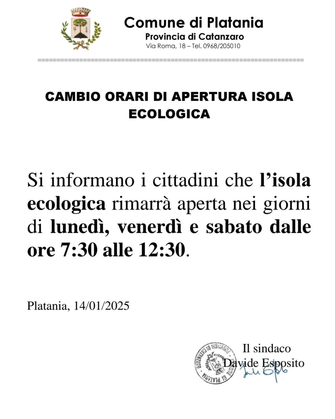 Cambio orari apertura isola ecologica